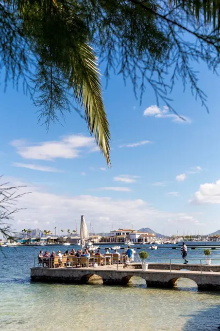 Restaurant at the harbor, Port de Pollenca, northeast of the island Mallorca, Mediterranean Sea, Balearic Islands, Spain, Southern Europe