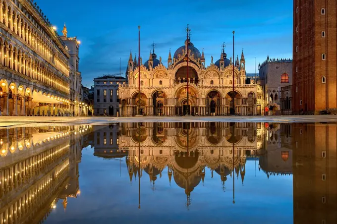 Piazza San Marco in Venice, Italy during Acqua Alta flooding