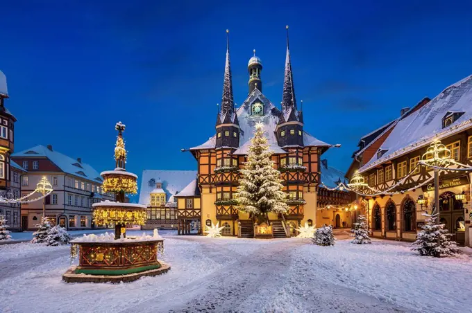 Christmas decorations in front of the City Hall of Wernigerode, Germany