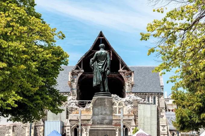 Ruin of famous Christchurch Cathedral after the earthquake of 2011, South Island of New Zealand