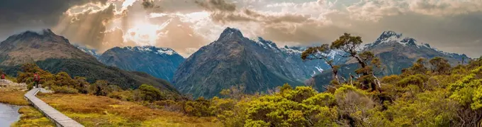 Panoramic view of the Southern Alps at Key Summit, Fiordland National Park, South Island of New Zealand