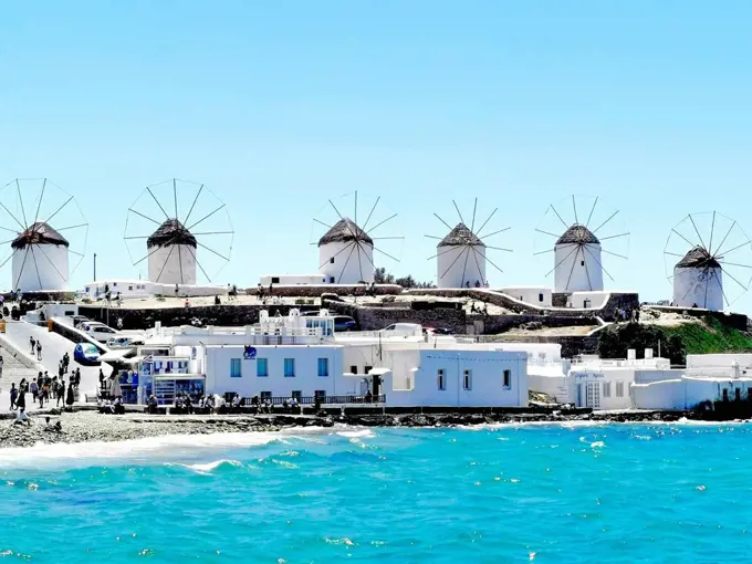 View of the windmills of Mykonos, Greece