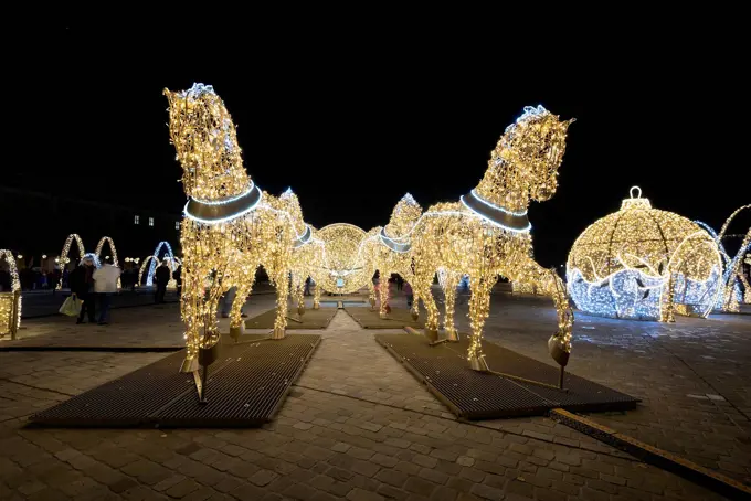 Golden horses, Christmas lights world, Magdeburg, Saxony-Anhalt, Germany