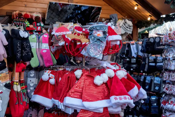 Santa Claus hats, Christmas market, Magdeburg, Saxony-Anhalt, Germany