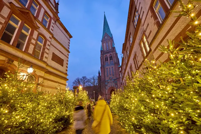 North Germany, Mecklenburg-Western Pomerania, Schwerin, Christmas market, cathedral, church tower