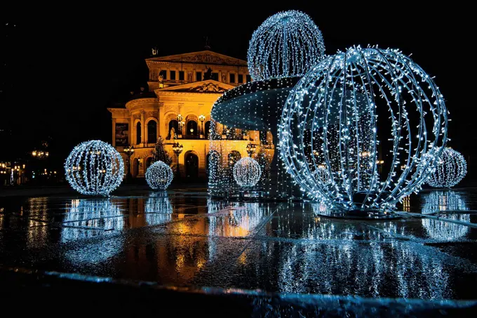 Old Opera House in Frankfurt with fountain and Christmas lighting at night, Christmas in Hesse, Germany