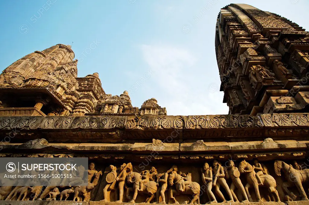 Erotic sculptures on Lakshmana Temple dedicated to Vishnu is built by chandella ruler Vasovarman Between 930-950 AD , Khajuraho, Madhya Pradesh, India...