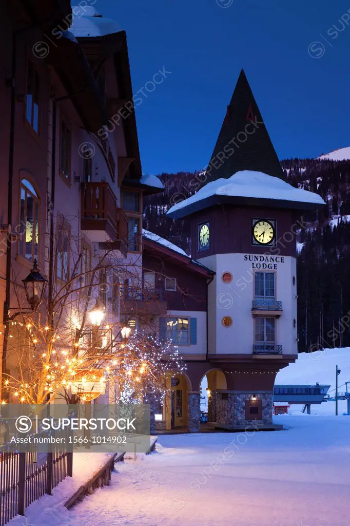 Canada, British Columbia, Sun Peaks, Sun Peaks Resort, village clock tower, winter, dawn