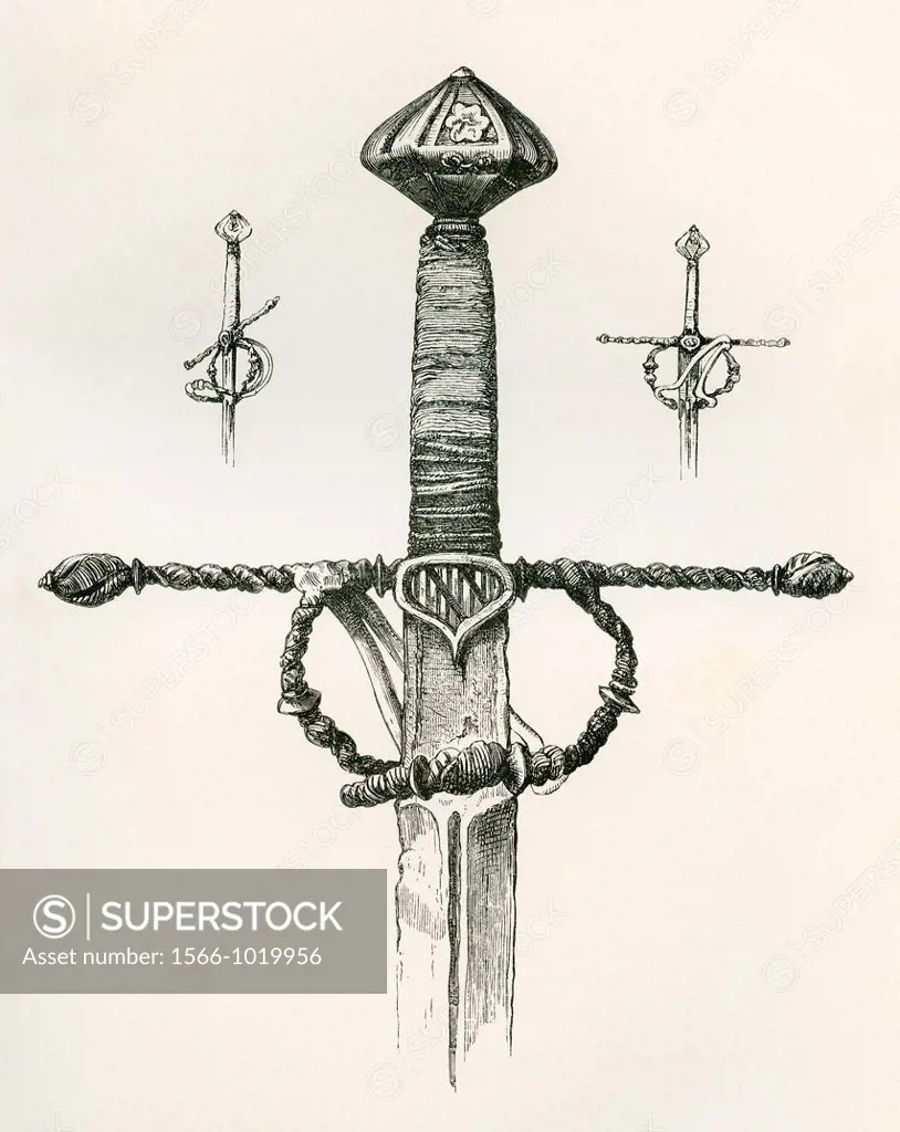 Knight´s Sword with double edged blade, spirally twisted crosspiece and forefinger and thumb guard, dated A D  1455  From The British Army: It´s Origi...