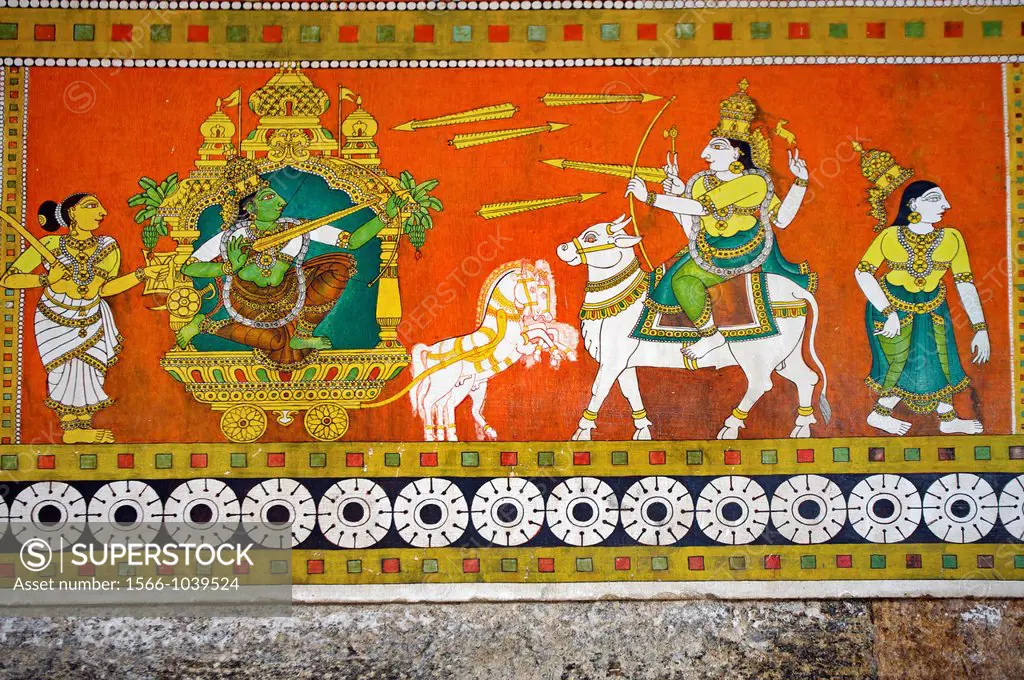 Sri Meenakshi temple,Murals vegetable and herbal dyes of Thiruvilayadal Puranam Lord Shivas Game, the collection of 64 stories, composed by Paranjyoti...