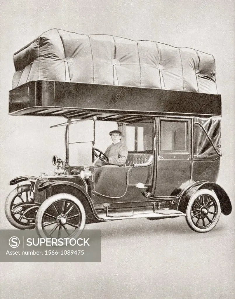 A Gas-bag taxi during World War I  Due to petrol shortage a balloon filled with uncompressed gas was fitted to the roof of the vehicle and used as the...