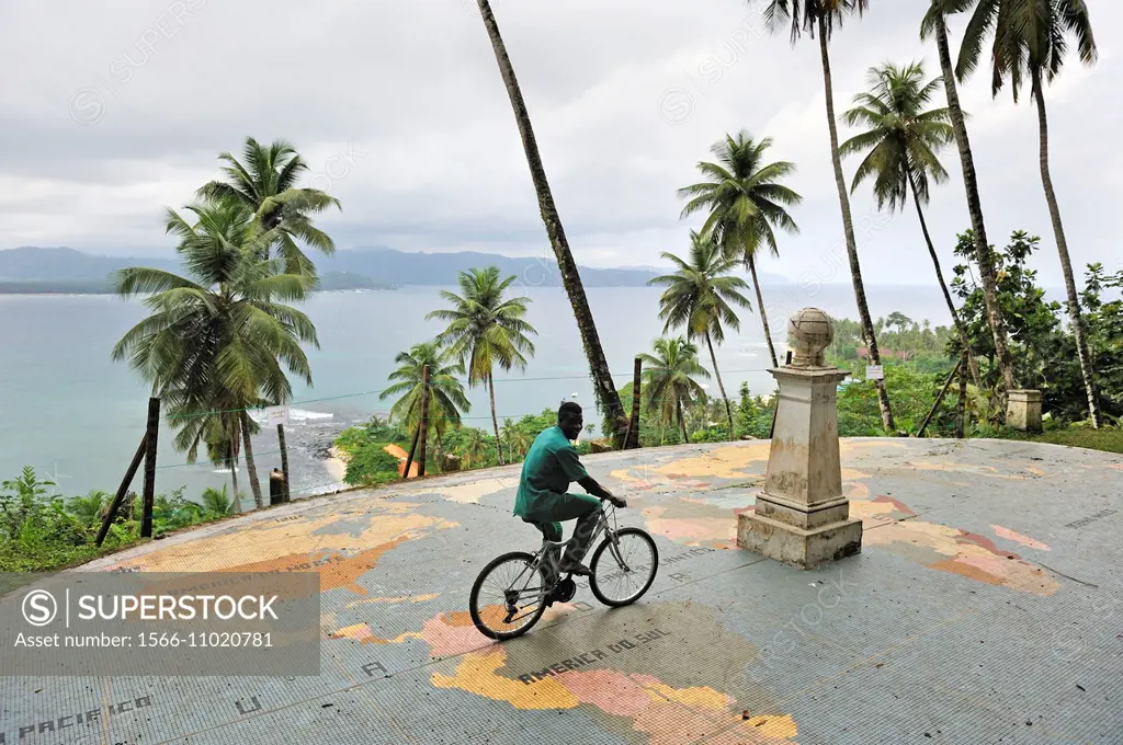 mosaic with a mark at the intersection of the virtual Equator line and the Greenwich prime meridian on the small Rolas turtledove island in the south ...