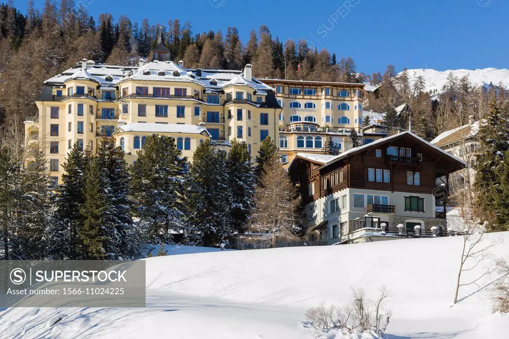 Hotel Belvedere and Hotel Soldanella, St Moritz-Dorf, Saint Moritz, Maloja, Graubunden, Switzerland, Engadine valley, Grisons mountains, Alps, Winter.
