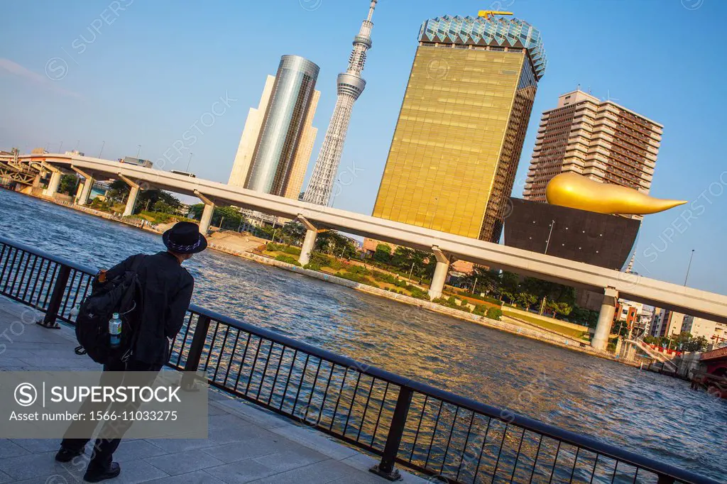 Sky Tree and Asahi building from Sumidagawa river, Asakusa District, Tokyo, Japan.