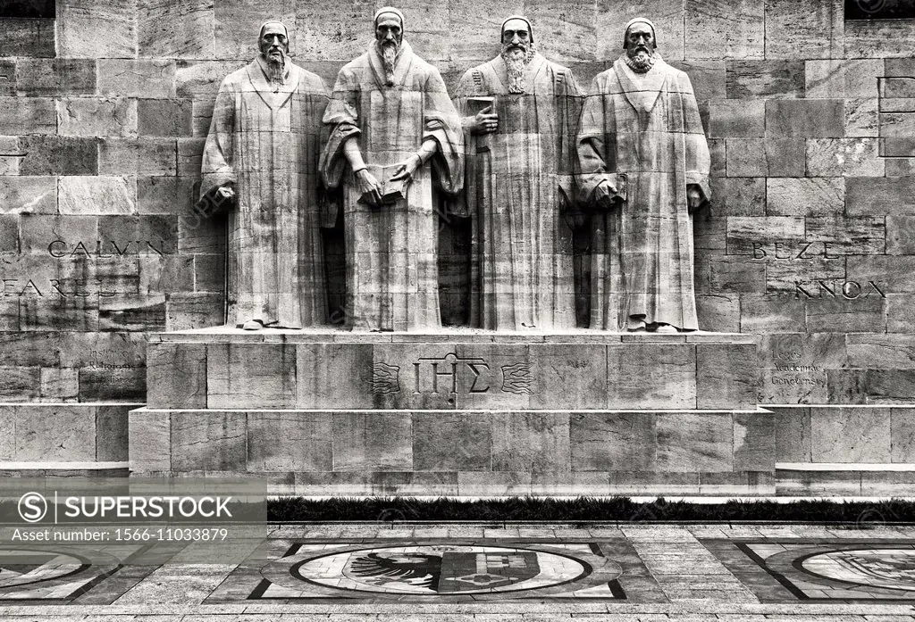 statues of prominent reformers - Calvin, Farel , Beze and Knox, reformation wall, Bastions park, Geneva, Switzerland.