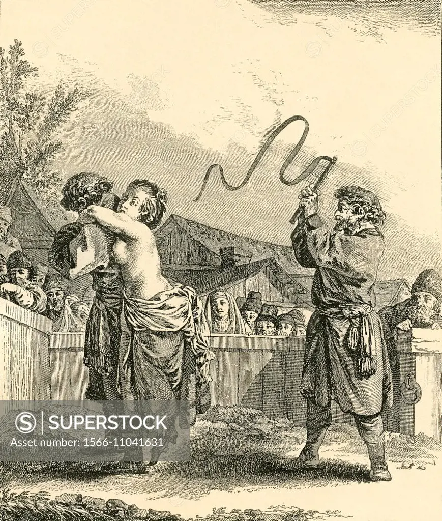 Flogging of a woman convict in Russia as a public spectacle, using a knout , a heavy scourge-like multiple whip, 18th century. From Illustrierte Sitte...