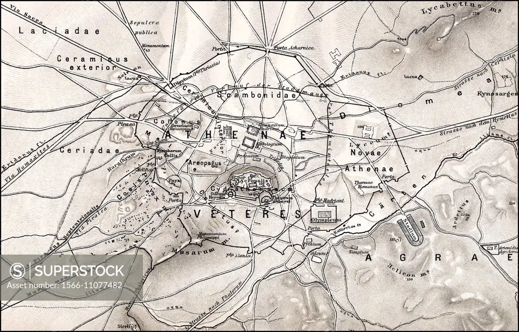 Historical map of ancient Athens, Greece, Europe.