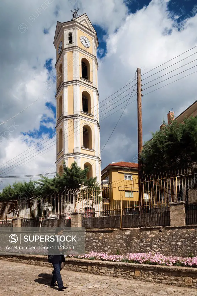 Greece, West Macedonia Region, Kastoria, bell tower of the Mitropoli Kastorias church.