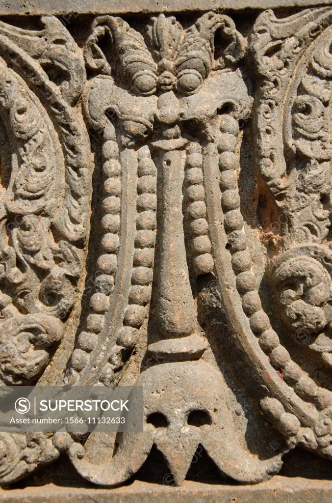 Carved pillar displayed at the fort, Bidar, Karnataka, India