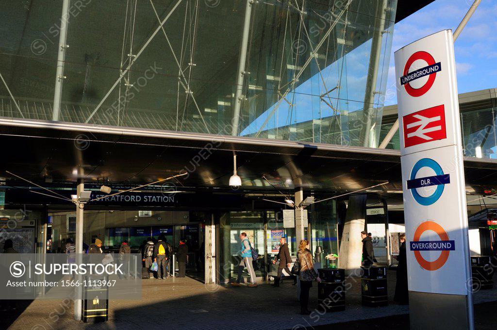 Entrance to Stratford Station with Underground National Rail DLR