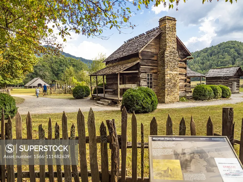 Mountain Farm Museum at the Oconaluftee Visitor Center in the Great Smoky Mountains National Park in Cherokee North Carolina.