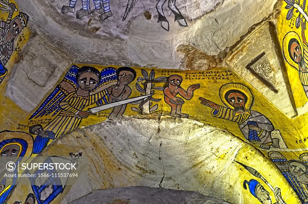 The banishment of Adam and Eve from the garden of Eden, fresco at a vault arch in the orthodox rock-hewn church Abuna Gebre Mikael at Koraro, Gheralta...