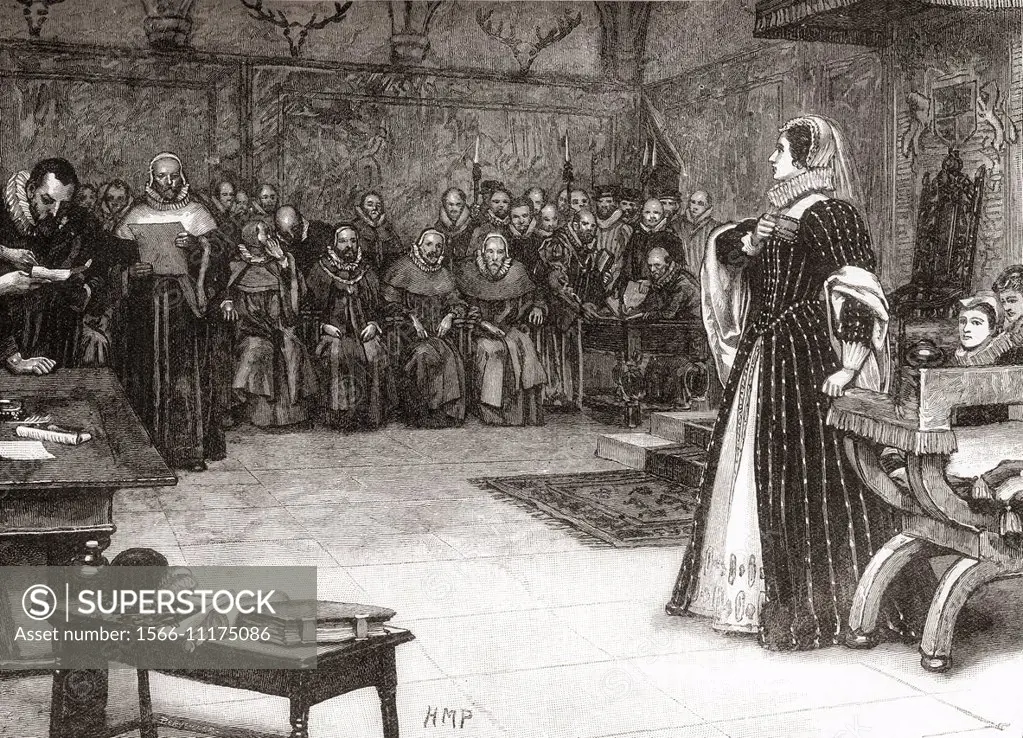 The trial of Mary Queen of Scots in Fotheringhay Castle, Northamptonshire, England, 1586. Mary, Queen of Scots, 1542 - 1587, aka Mary Stuart or Mary I...