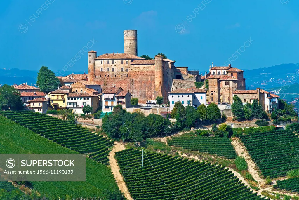 The castle of Castiglione Falletto rising above vineyards, Castiglione Falletto, Province of Cuneo, Piedmont, Italy.