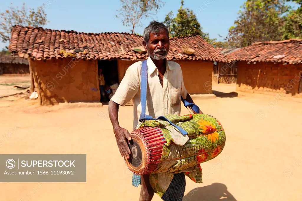 Tribal man playing traditional musical instrument Dholak or drums. Birhor Tribe, Chueya Village, Korba District, Chhattisgarh, India.