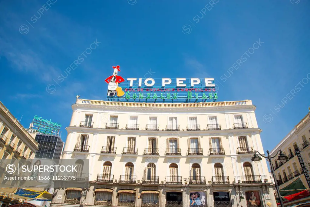 Tio Pepe neon sign on its new location. Puerta del Sol, Madrid, Spain.