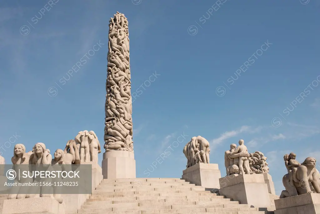 Famous Oslo landmark Gustav Vigeland Sculpture Park. Statues and obelisk.