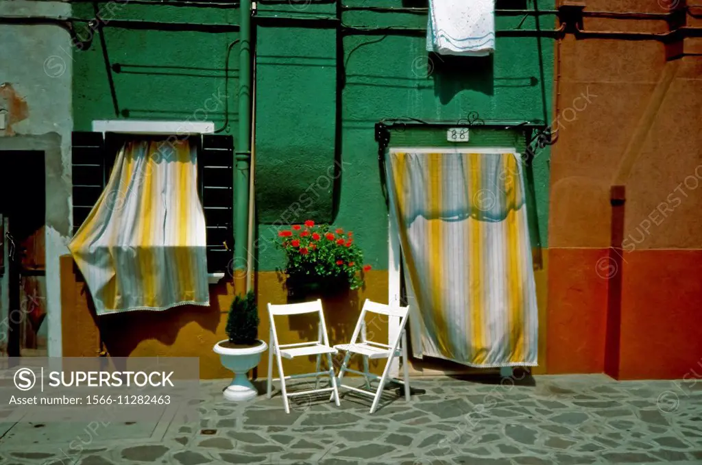 Venice, Italy - Street Scene, House Façade on Island in Gulf of Venice.