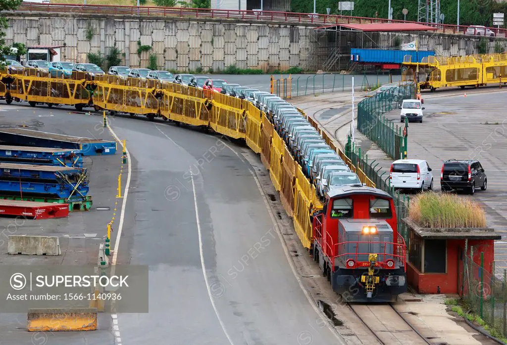 Car Transport by rail, transportation of cars and light commercial vehicles, Pasajes Port, Gipuzkoa, Basque Country, Spain