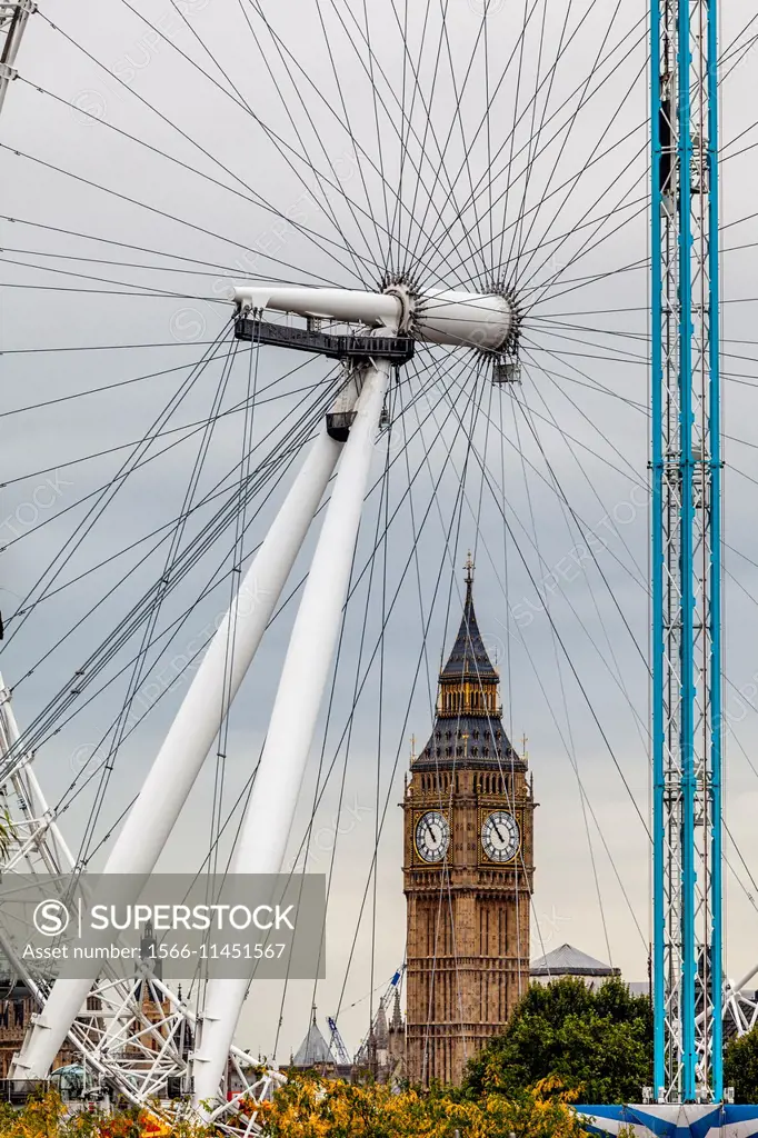 The London Eye and Big Ben, London, England.