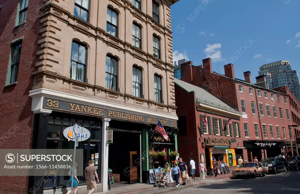 Downtown Boston MA old town Freedom Trail historic Yankee Publishing Building and Hennessys of Boston