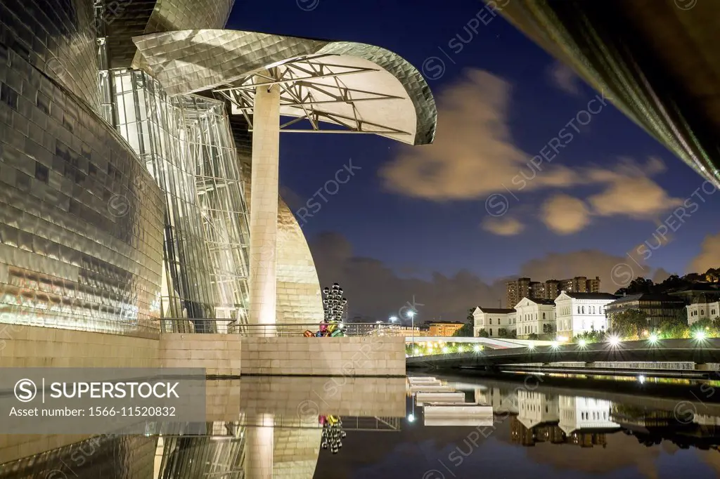 Guggenheim Museum Bilbao by night. Biscay, Basque Country, Spain.