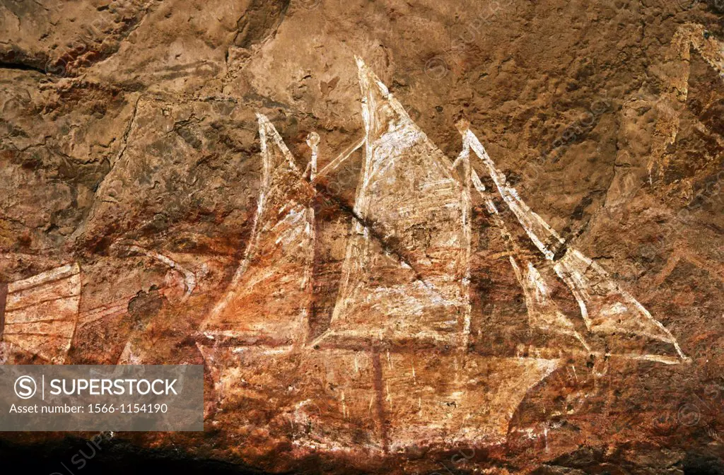 Aboriginal rock art at Kakadu, Northern Territory, Australia, depicts a European sailing ship