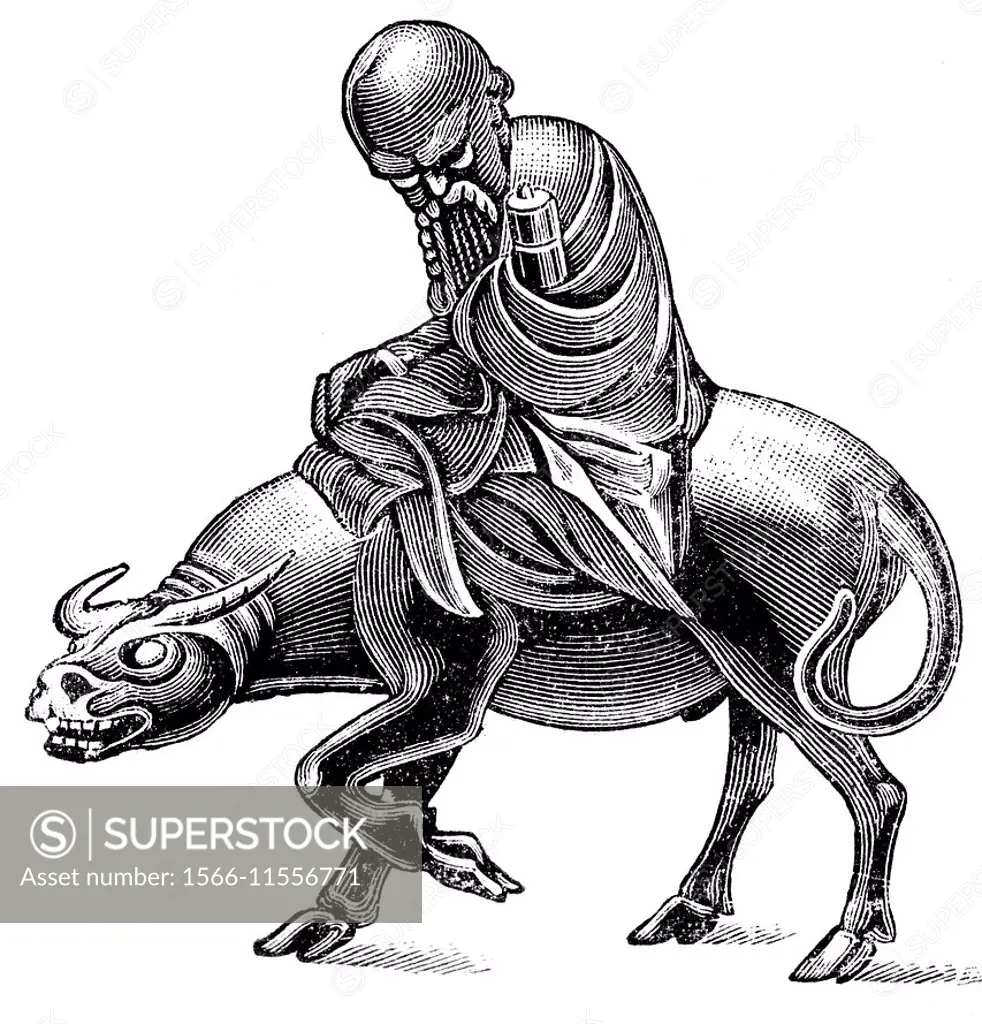 Bronze sculpture of Laozi on water buffalo, illustration from Soviet encyclopedia, 1926.