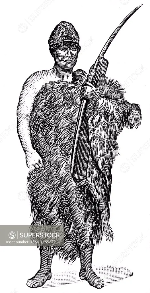 Selknam man in traditional dress, illustration from Soviet encyclopedia, 1926.