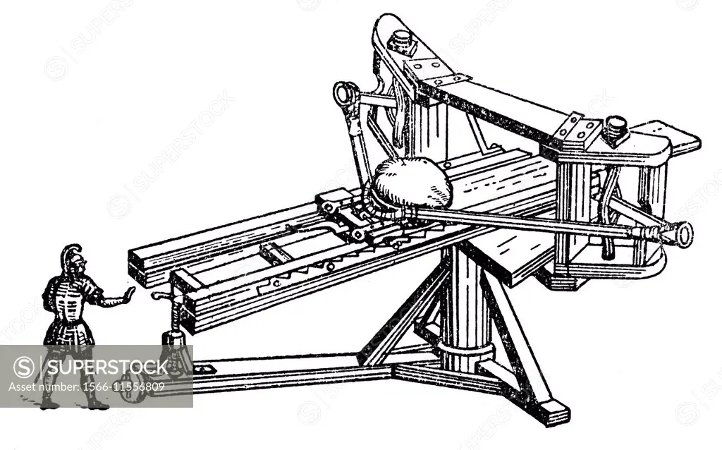 Catapult, ancient artillery, illustration from Soviet encyclopedia, 1926.