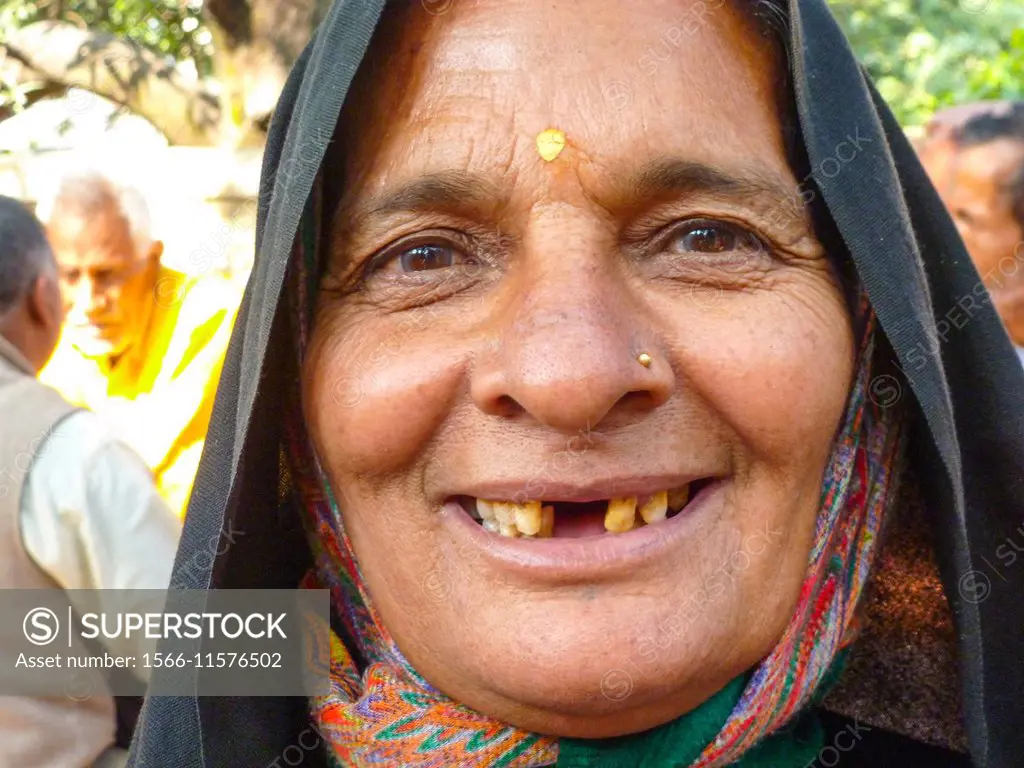 portrait of old woman with bad teeth, rishikesh, india