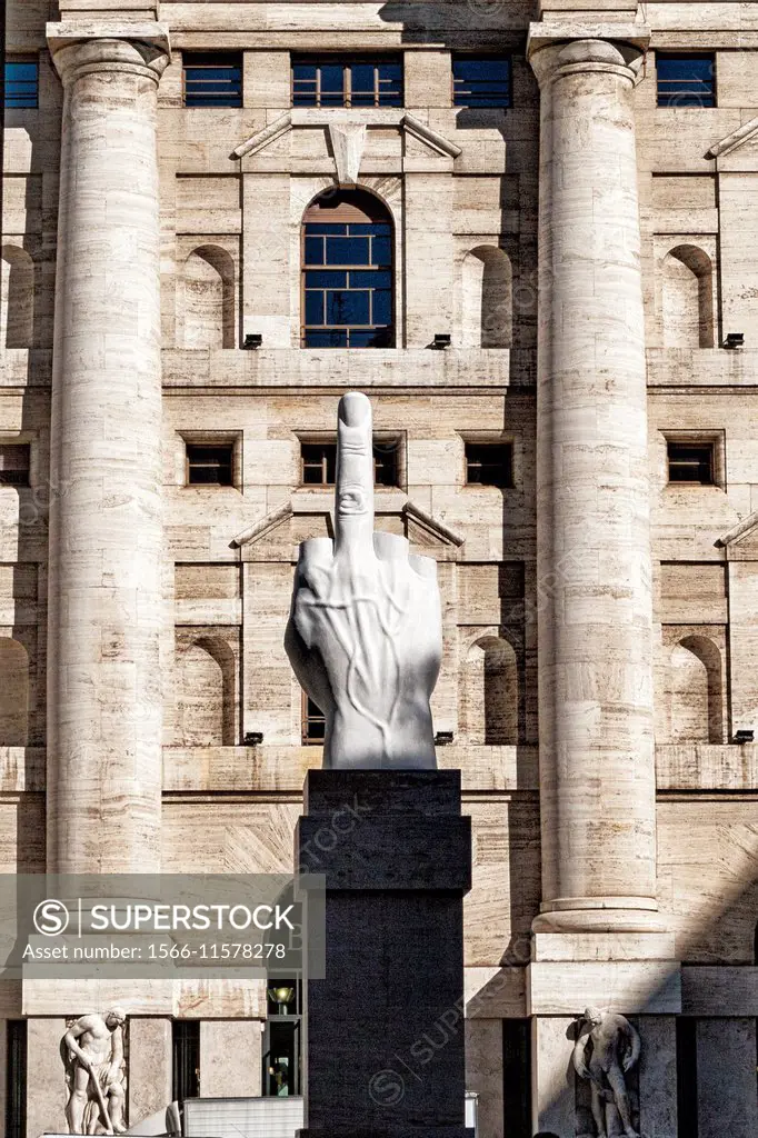 L.O.V.E (2011), 36-foot white marble sculpture middle finger by Maurizio Cattelan, Milan, Italy