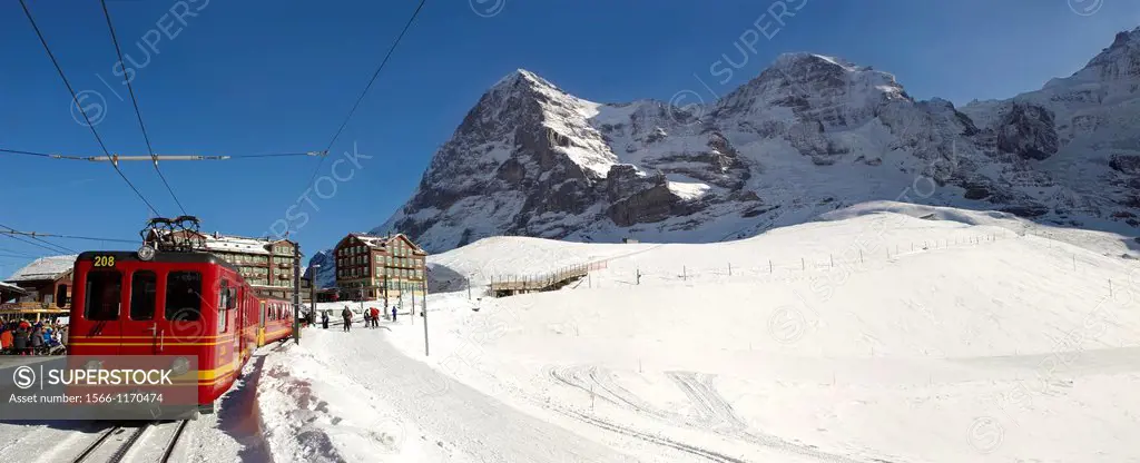 The Jungfrau train at the foot of the Eiger mountain at Kleiner Scheidegg, Swiss Alps