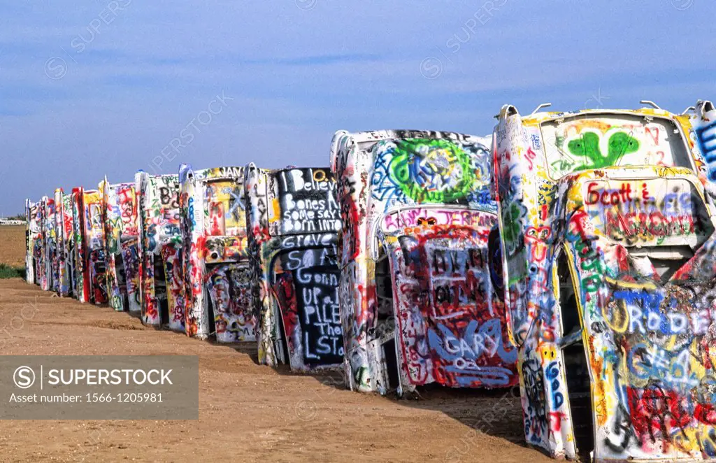 Famous Cadillac Ranch with autos buried in ground off Route 66 in ...