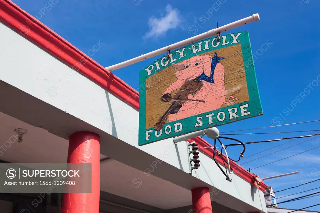 Bahamas, Eleuthera Island, Harbour Island, Dunmore Town, sign for the Piggly Wiggly Food Store