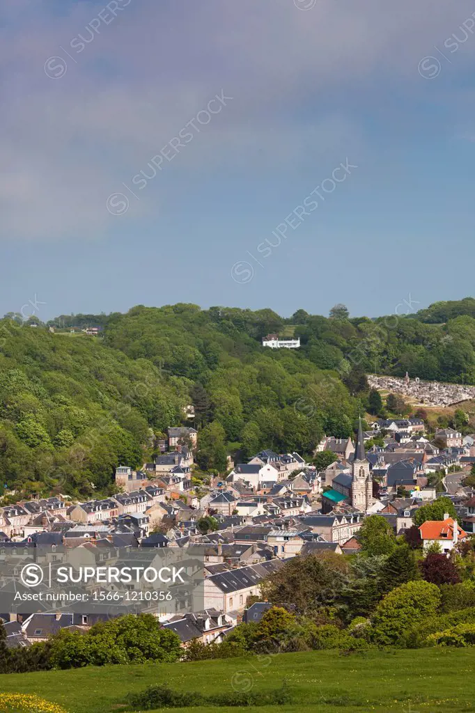 France, Normandy Region, Seine-Maritime Department, Yport, town and cliffs, elevated view
