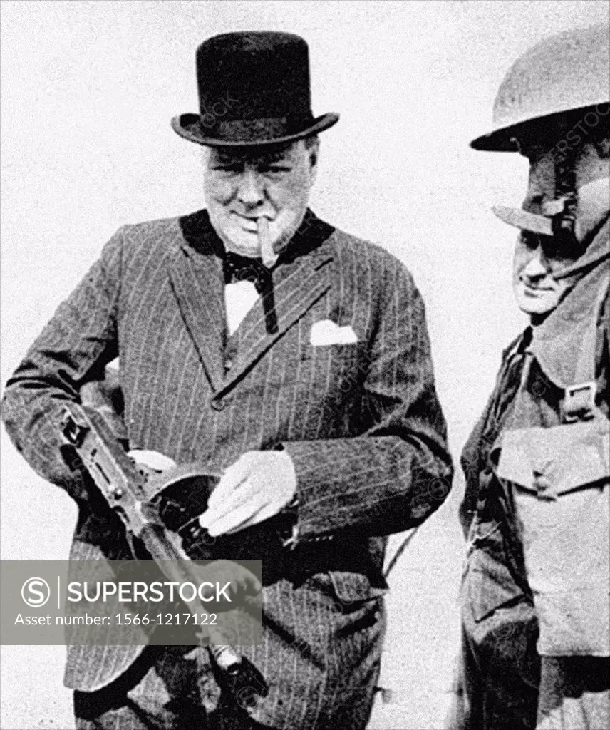 Winston Churchill with a Tommy Gun during the second world war - British wartime leader  From the archives of Press Portrait Service, formerly Press P...