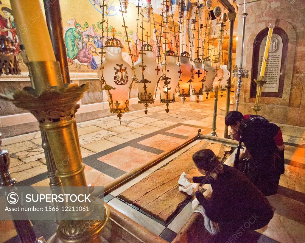 Stone of Unction, Church of the Holy Sepulchre, Old City, UNESCO World Heritage Site, Jerusalem, Israel.