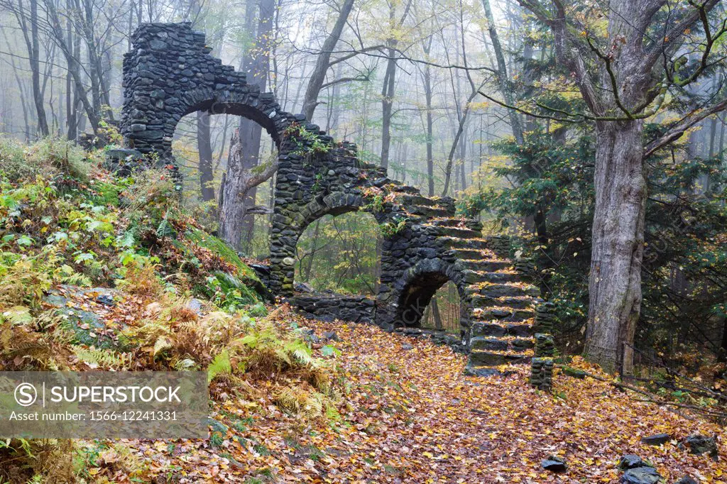 Madame Antoinette Sherris castle ruins in Madame Sherri Forest of Chesterfield, New Hampshire USA during the autumn months. Madame Antoinette Sherri ...