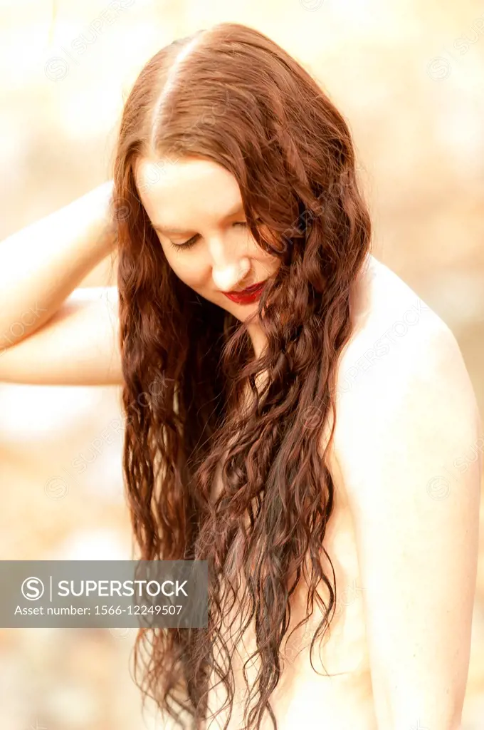 Beautiful Brunette Posing Topless Stock Image - Image of side